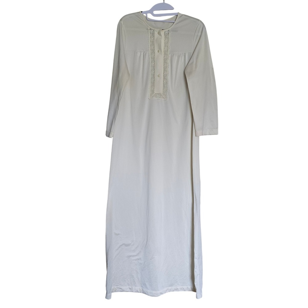 VTG Shadowline Cream Nylon Long Sleeve Lace Trim Grandma Maxi Nightgown Small